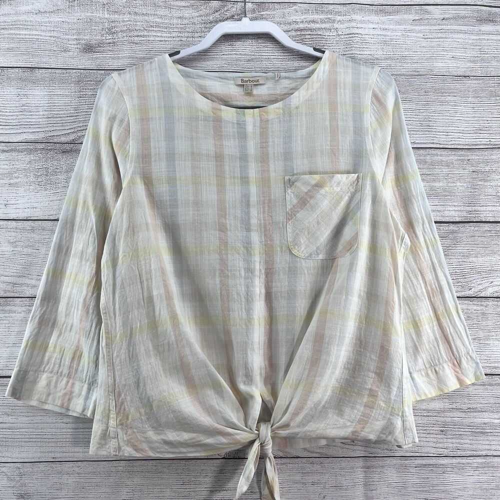 Barbour Women’s Checked Tie Waist Blouse Top Size 8 Cotton 3/4 Sleeveless